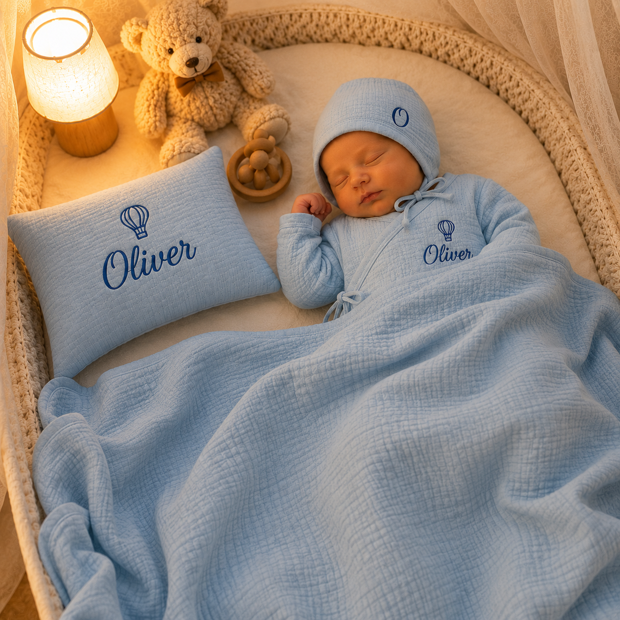 Personalized Baby Gift Set – Custom Embroidered Muslin Kimono Romper, Bonnet, Baby Blanket & Pillow