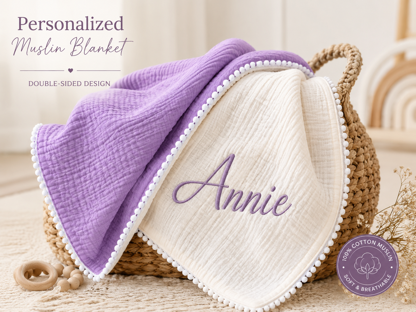 Personalized Baby Blanket – Custom Embroidered Name Muslin Blanket with Pom Pom Trim, Newborn & Baby Gift