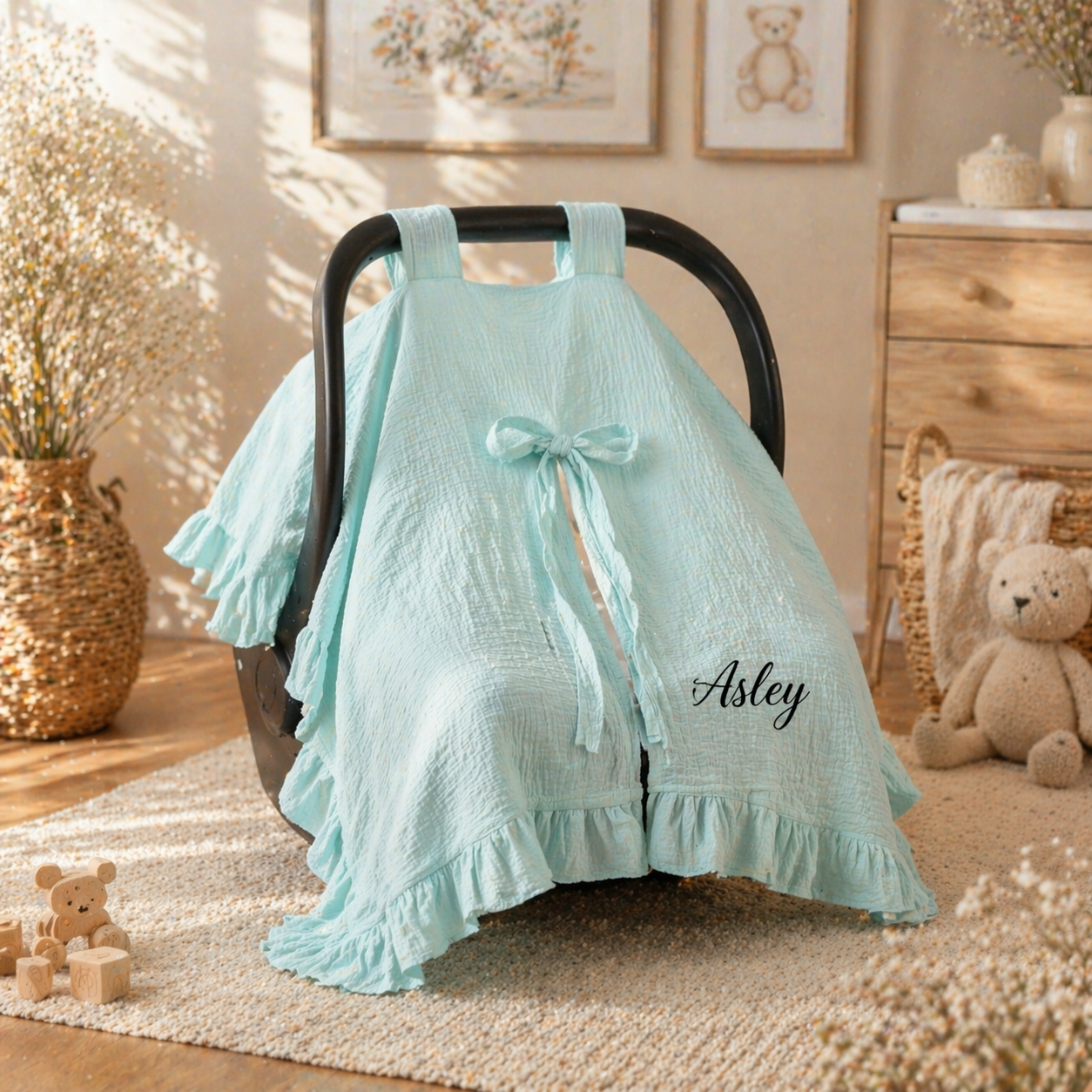 Personalized Baby Car Seat Canopy – Custom Embroidered Muslin Car Seat Cover with Name, Baby Shower Gift