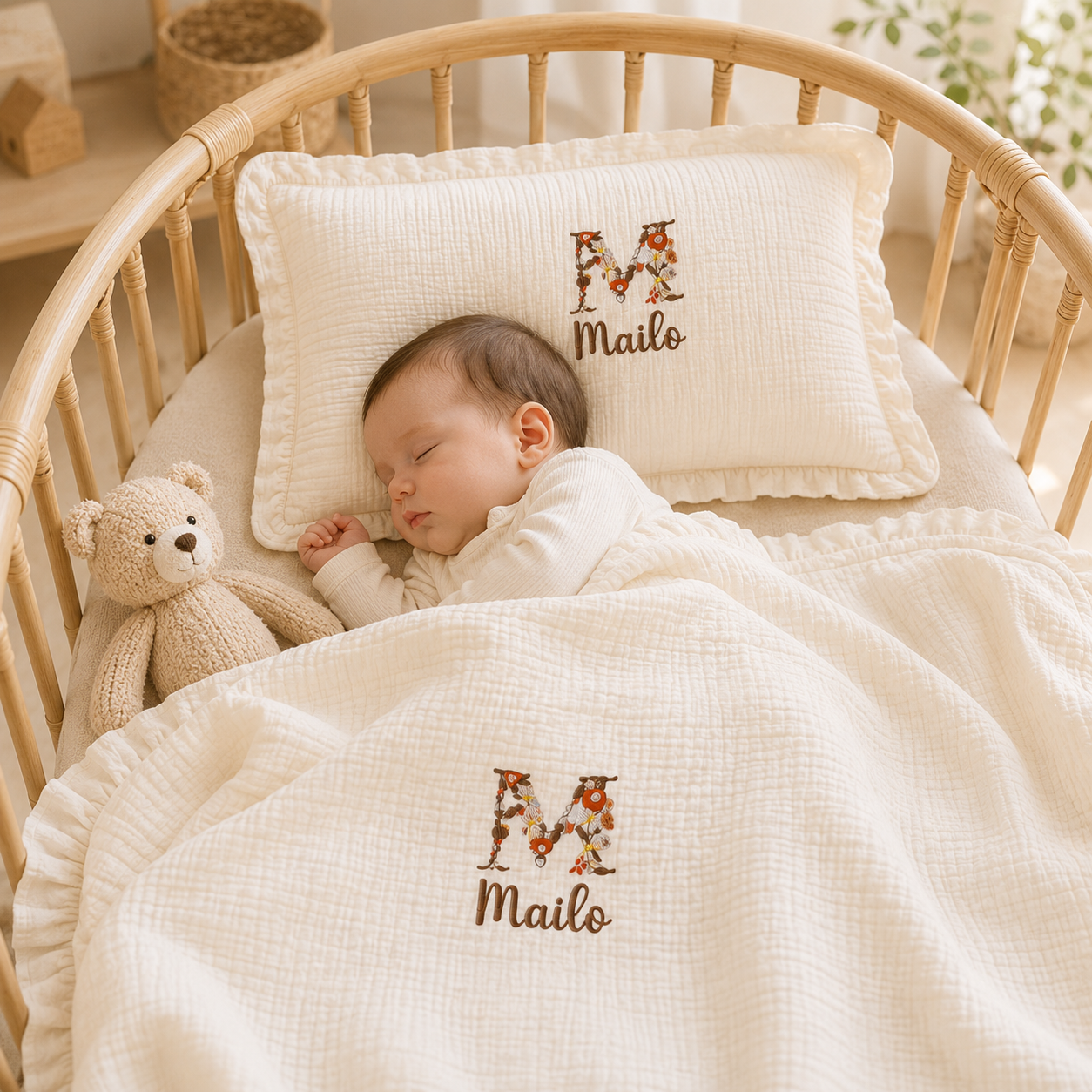 Personalized Baby Blanket, Pillow & Car Seat Cover Set – Embroidered Muslin Baby Bedding, Custom Name Newborn Gift