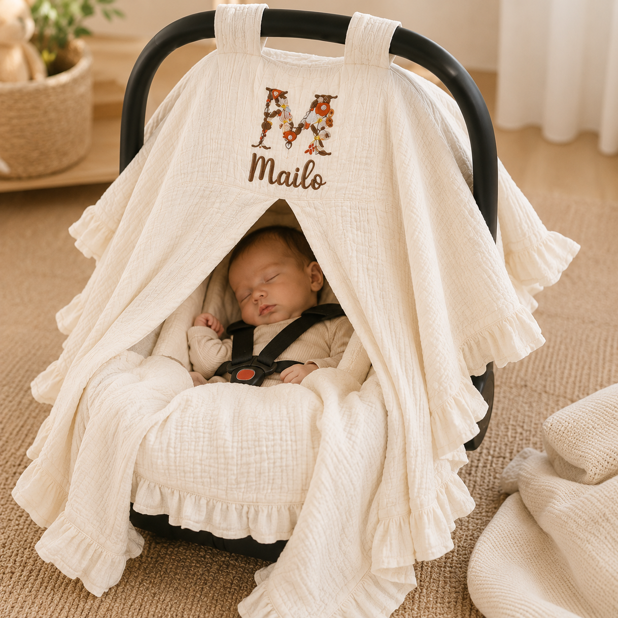 Personalized Baby Blanket, Pillow & Car Seat Cover Set – Embroidered Muslin Baby Bedding, Custom Name Newborn Gift