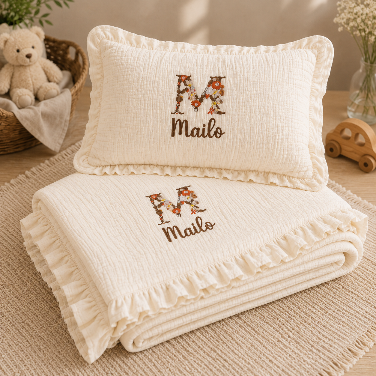 Personalized Baby Blanket, Pillow & Car Seat Cover Set – Embroidered Muslin Baby Bedding, Custom Name Newborn Gift