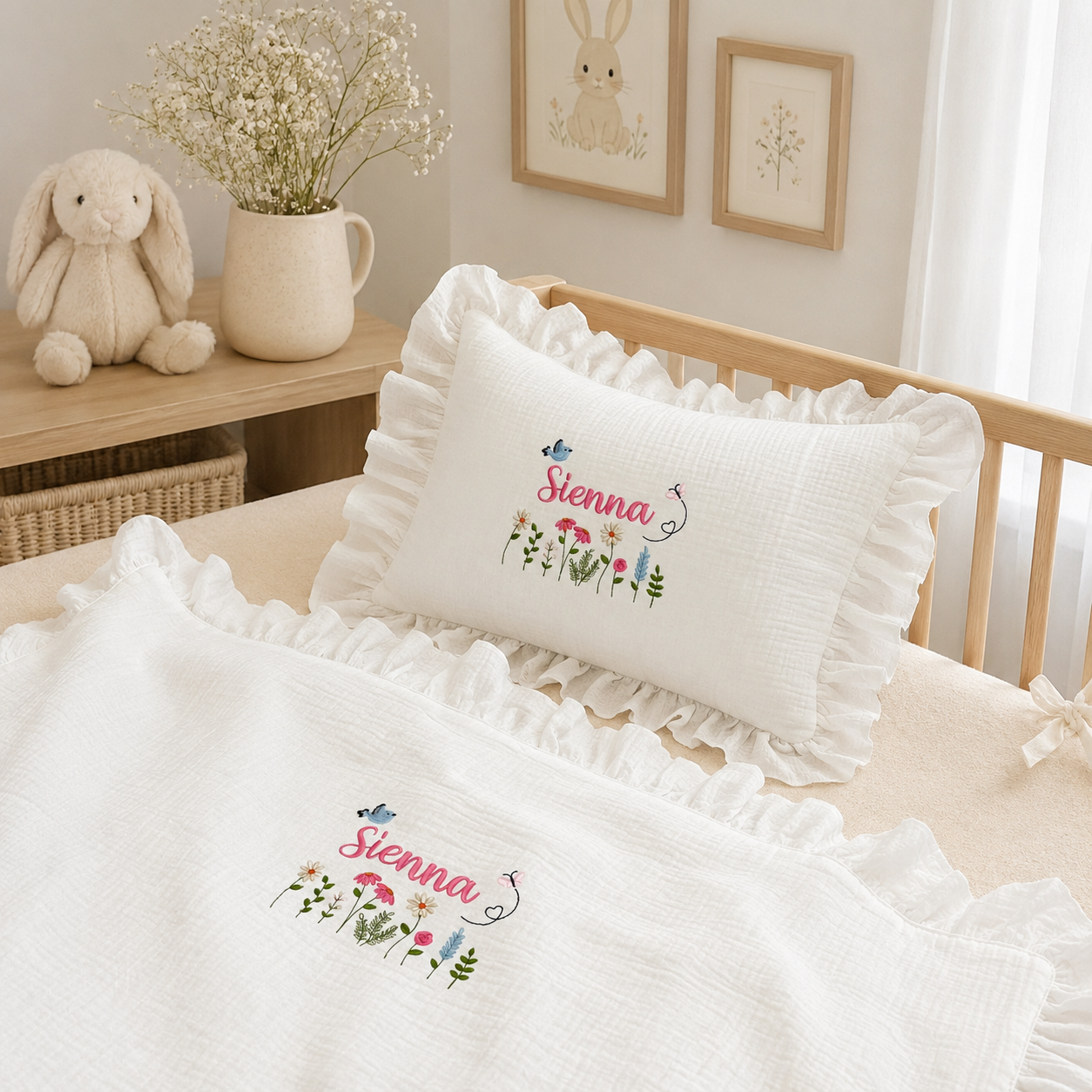 Personalized Muslin Baby Blanket & Ruffle Pillow Set, Embroidered Baby Name Gift, Custom Cotton Muslin Nursery Bedding