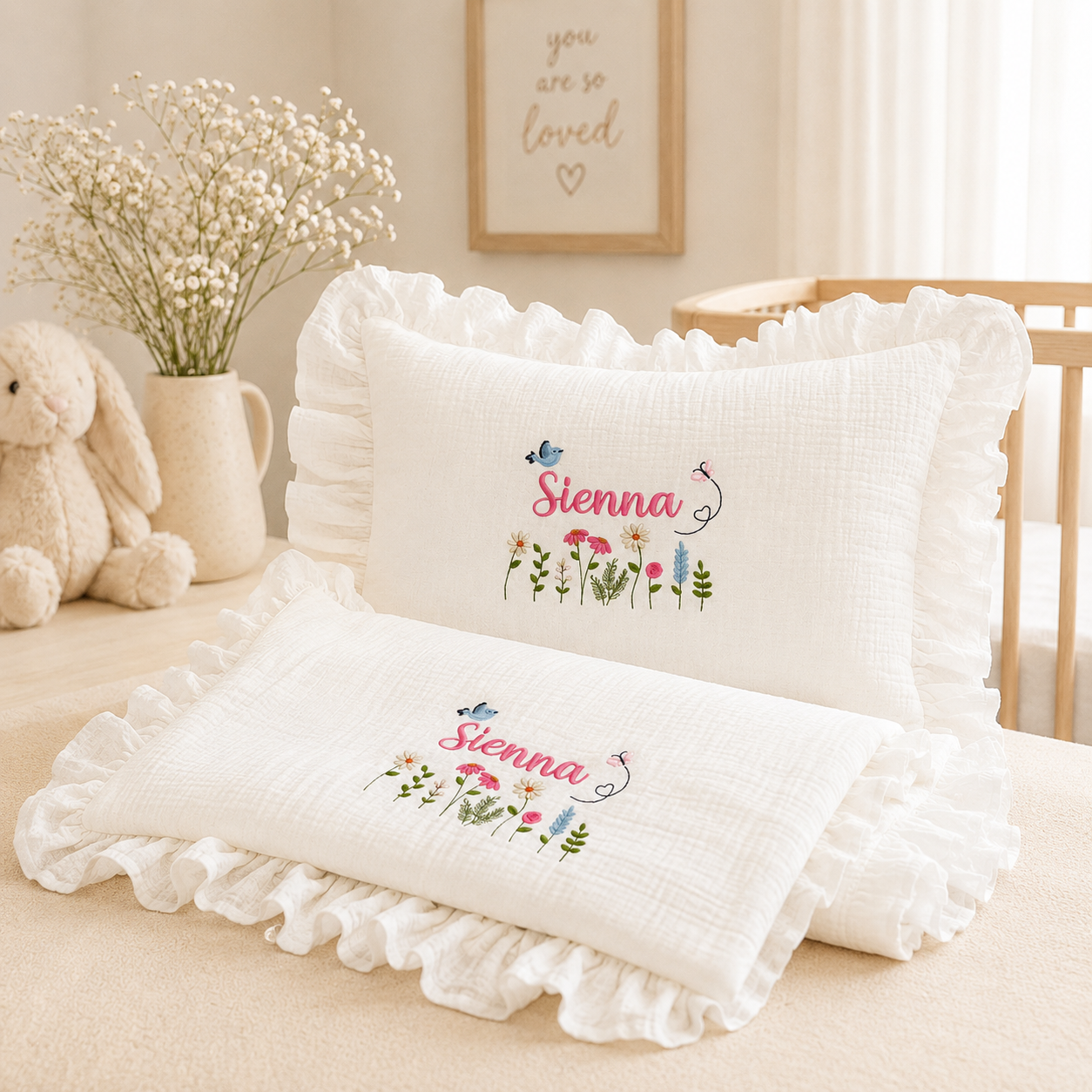 Personalized Muslin Baby Blanket & Ruffle Pillow Set, Embroidered Baby Name Gift, Custom Cotton Muslin Nursery Bedding