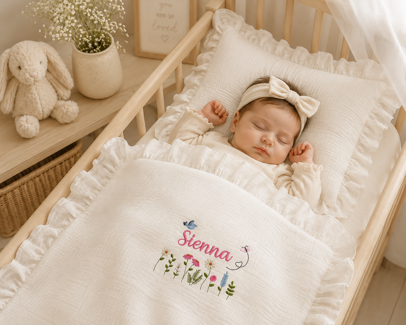 Personalized Muslin Baby Blanket & Ruffle Pillow Set, Embroidered Baby Name Gift, Custom Cotton Muslin Nursery Bedding