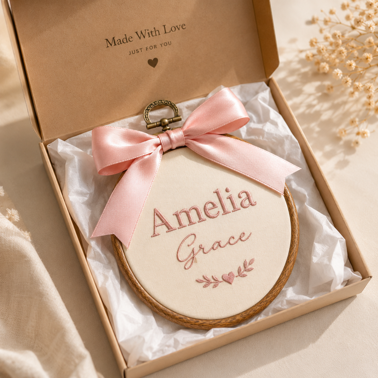 Personalized Baby Name Hoop with Bow – Embroidered Nursery Wall Decor, Custom Newborn Gift