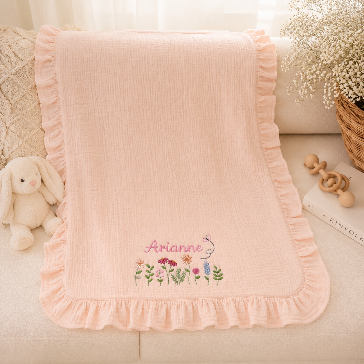 Personalized Muslin Baby Blanket & Ruffle Pillow Set, Embroidered Baby Name Gift