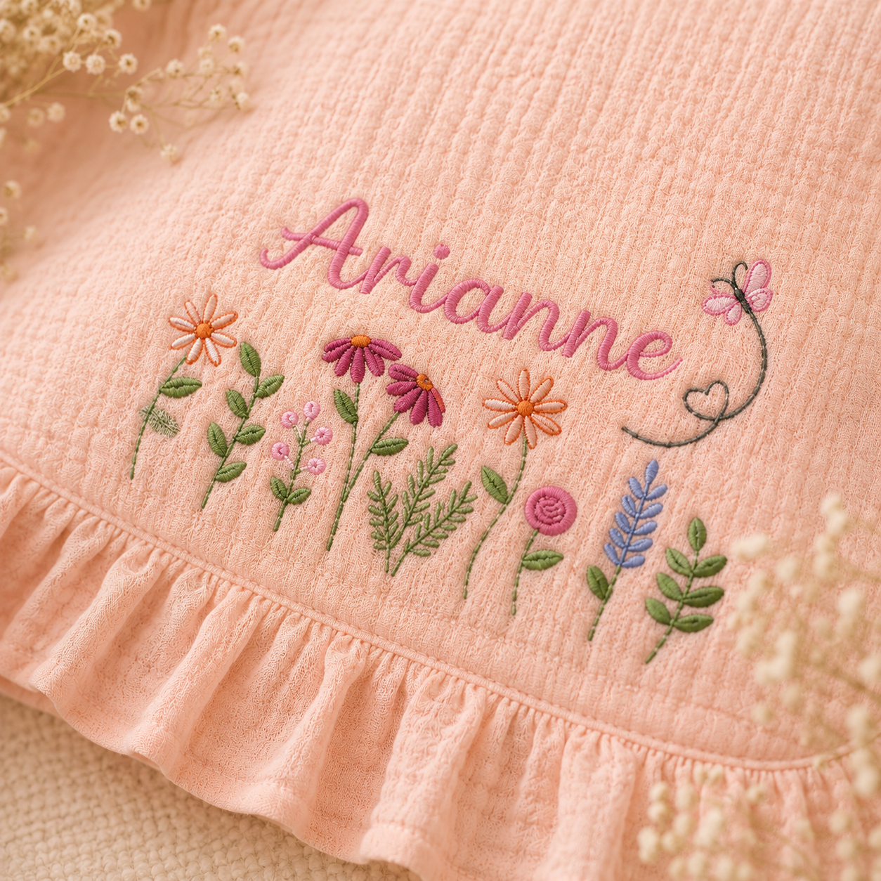 Personalized Muslin Baby Blanket & Ruffle Pillow Set, Embroidered Baby Name Gift