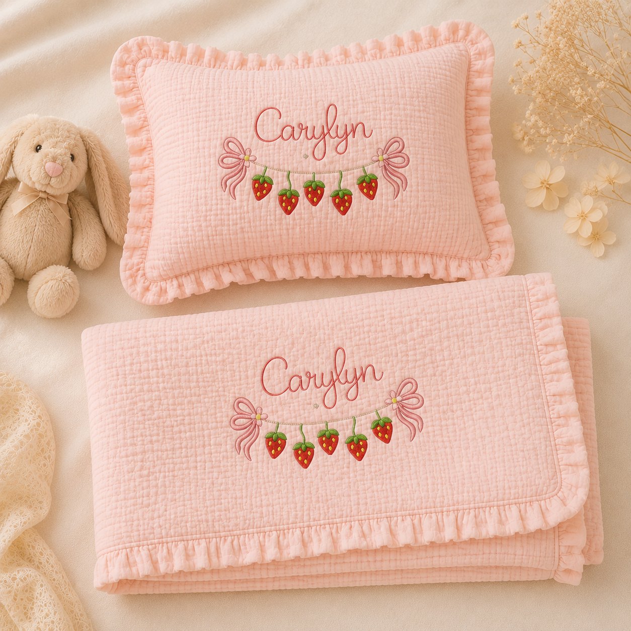 Personalized Muslin Baby Blanket & Pillow With Name, Custom Embroidered Baby Gift, Luxury Newborn Set Gift