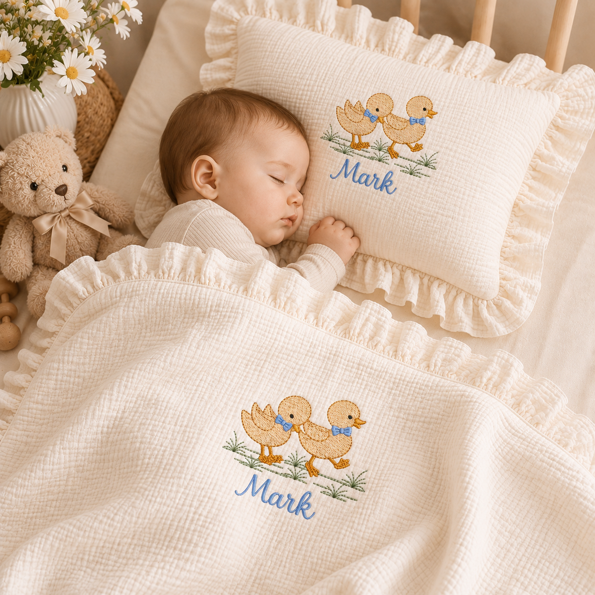 Personalized Baby Blanket & Pillow Set – Embroidered Muslin Baby Bedding with Ruffle Trim, Custom Name Nursery Gift