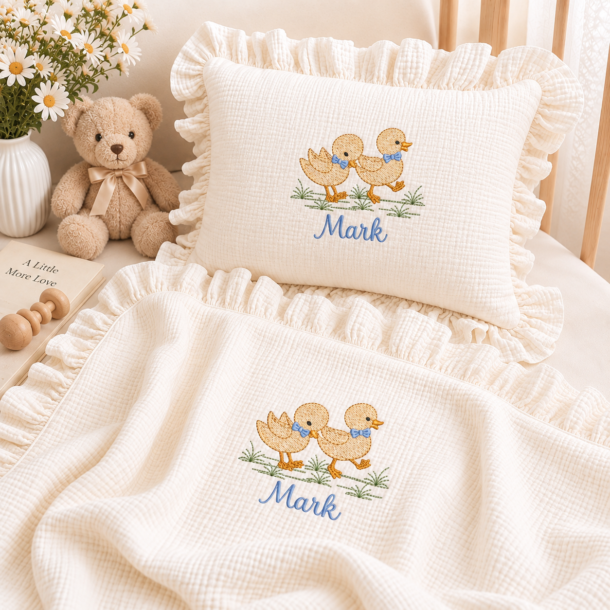Personalized Baby Blanket & Pillow Set – Embroidered Muslin Baby Bedding with Ruffle Trim, Custom Name Nursery Gift
