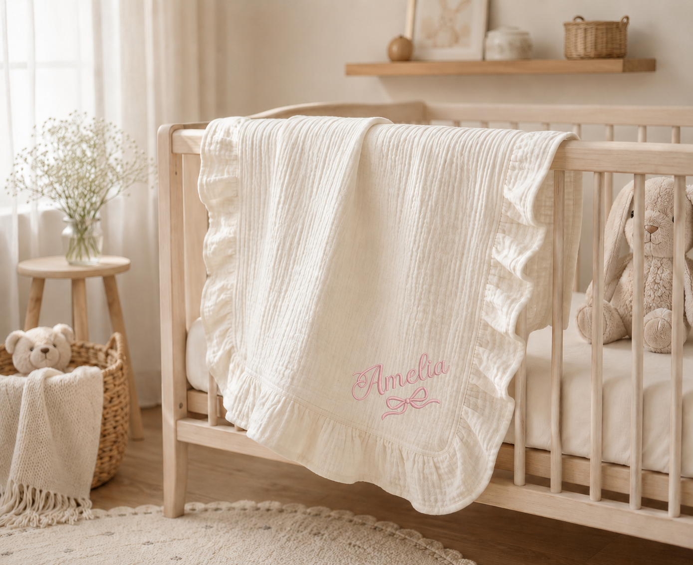 Personalized Muslin Baby Blanket, Custom Embroidered Baby Name Blanket, Cotton Muslin Ruffle Blanket, Baby Girl Shower Gift