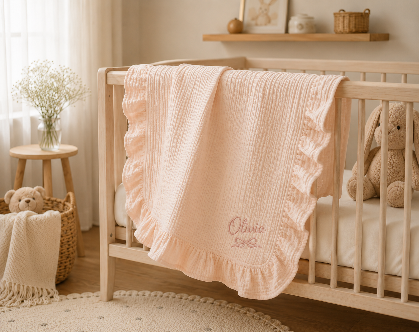 Personalized Muslin Baby Blanket, Custom Embroidered Baby Name Blanket, Cotton Muslin Ruffle Blanket, Baby Girl Shower Gift