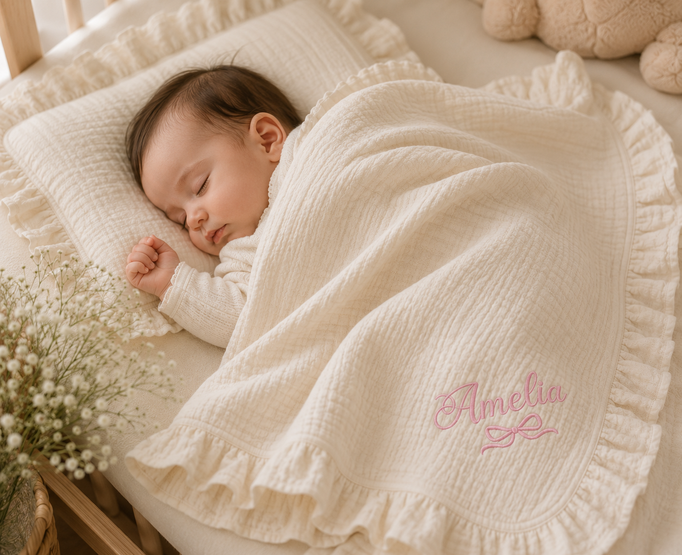 Personalized Muslin Baby Blanket, Custom Embroidered Baby Name Blanket, Cotton Muslin Ruffle Blanket, Baby Girl Shower Gift