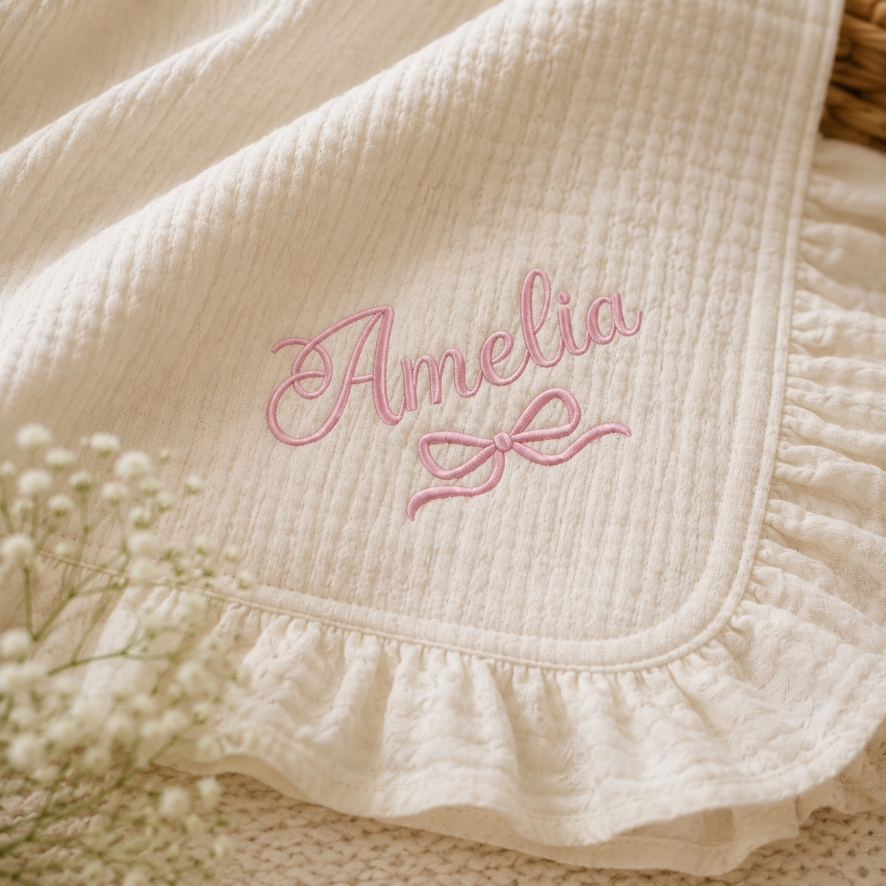 Personalized Muslin Baby Blanket, Custom Embroidered Baby Name Blanket, Cotton Muslin Ruffle Blanket, Baby Girl Shower Gift