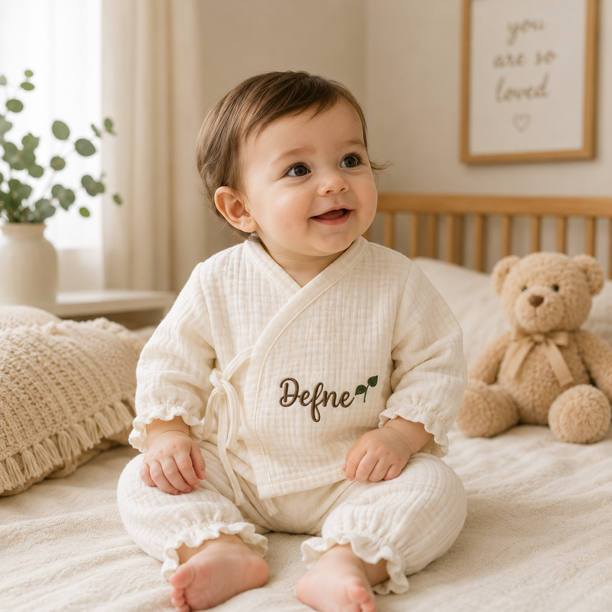 Personalized Baby Muslin Kimono Outfit – Custom Embroidered Name Newborn Baby Girl Set