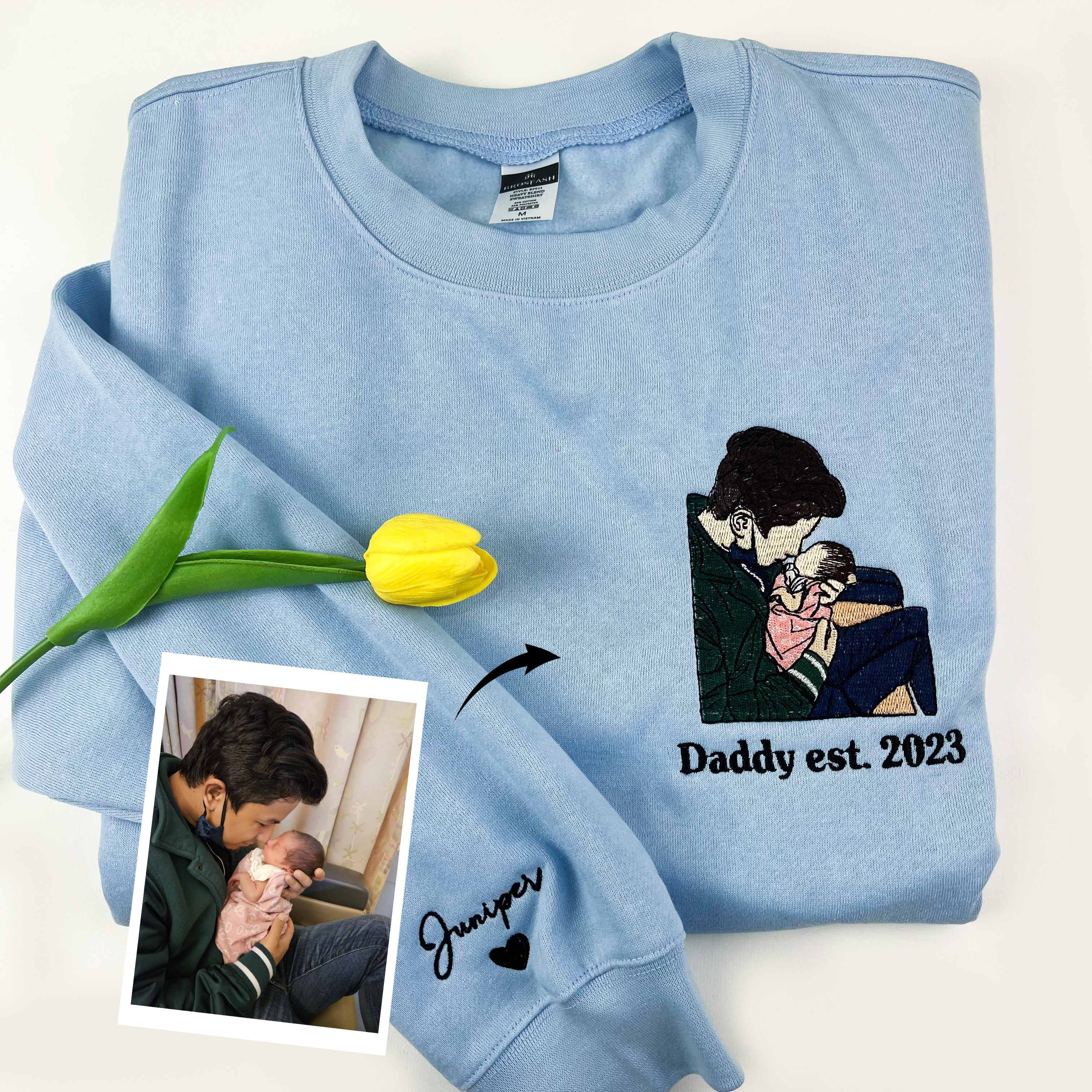 Custom Photo Dad and Baby Embroidered Sweatshirt, Personalized Papa Sweatshirt, Father's Day Gift