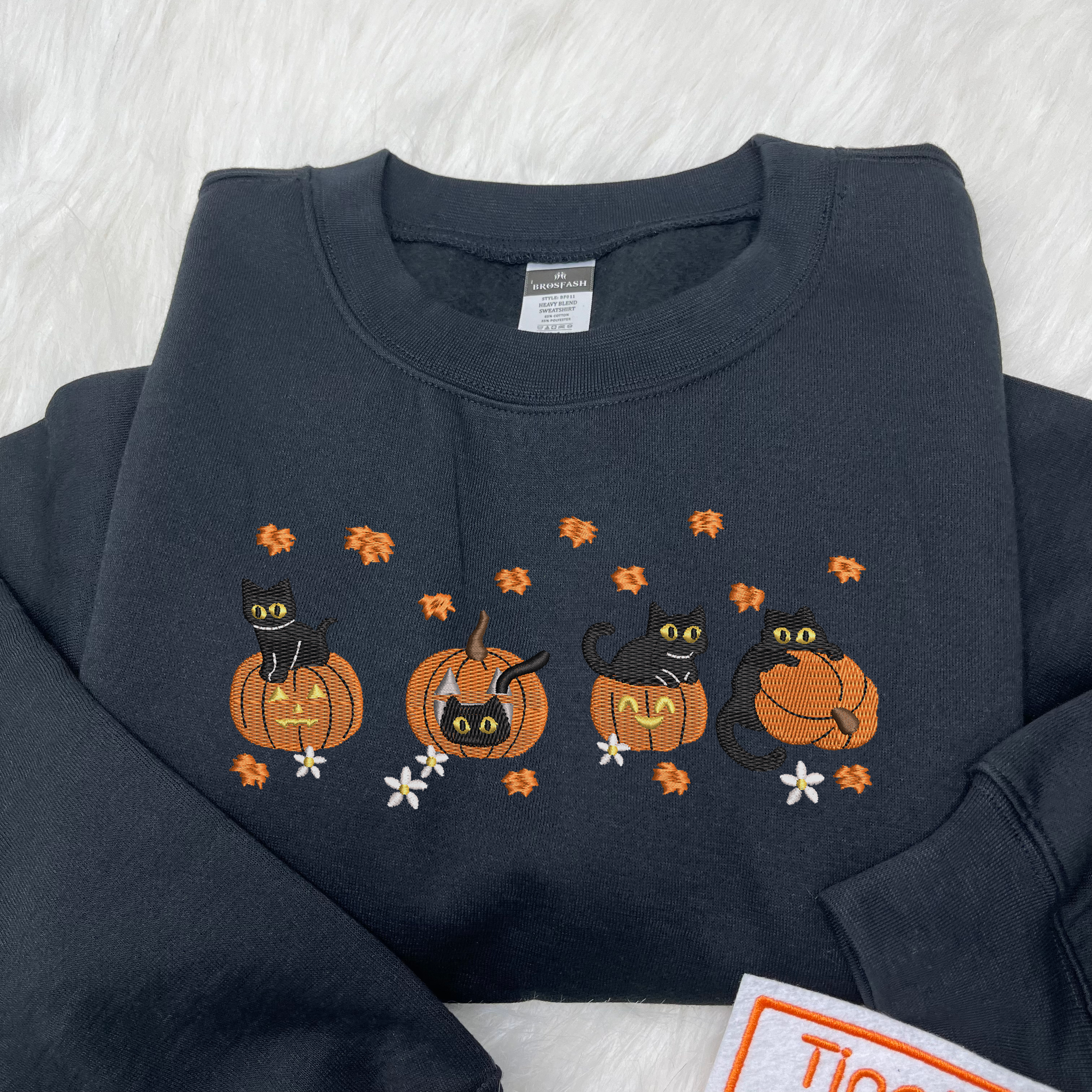 Black Cat Halloween Embroidered Crewneck Sweatshirt, Pumpkin Fall Shirt, Cat Lover Gift