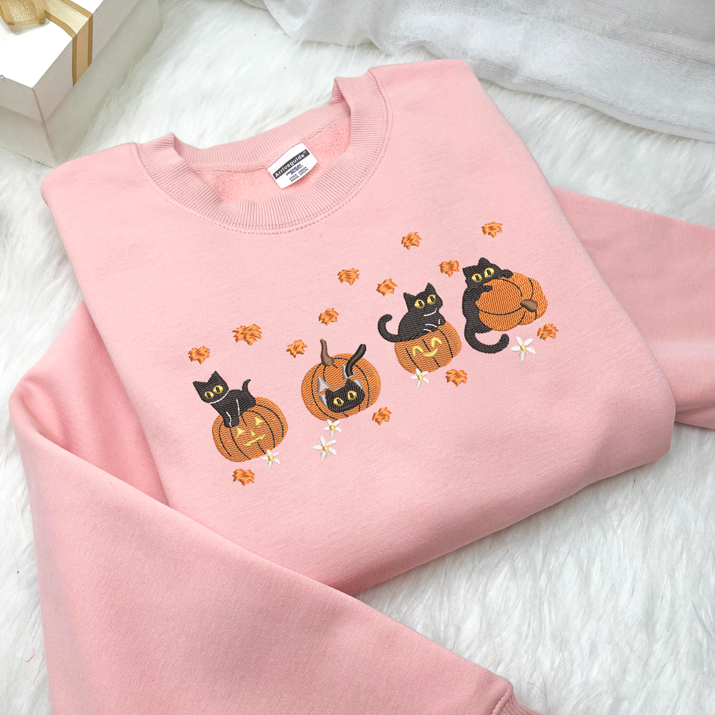 Black Cat Halloween Embroidered Crewneck Sweatshirt, Pumpkin Fall Shirt, Cat Lover Gift