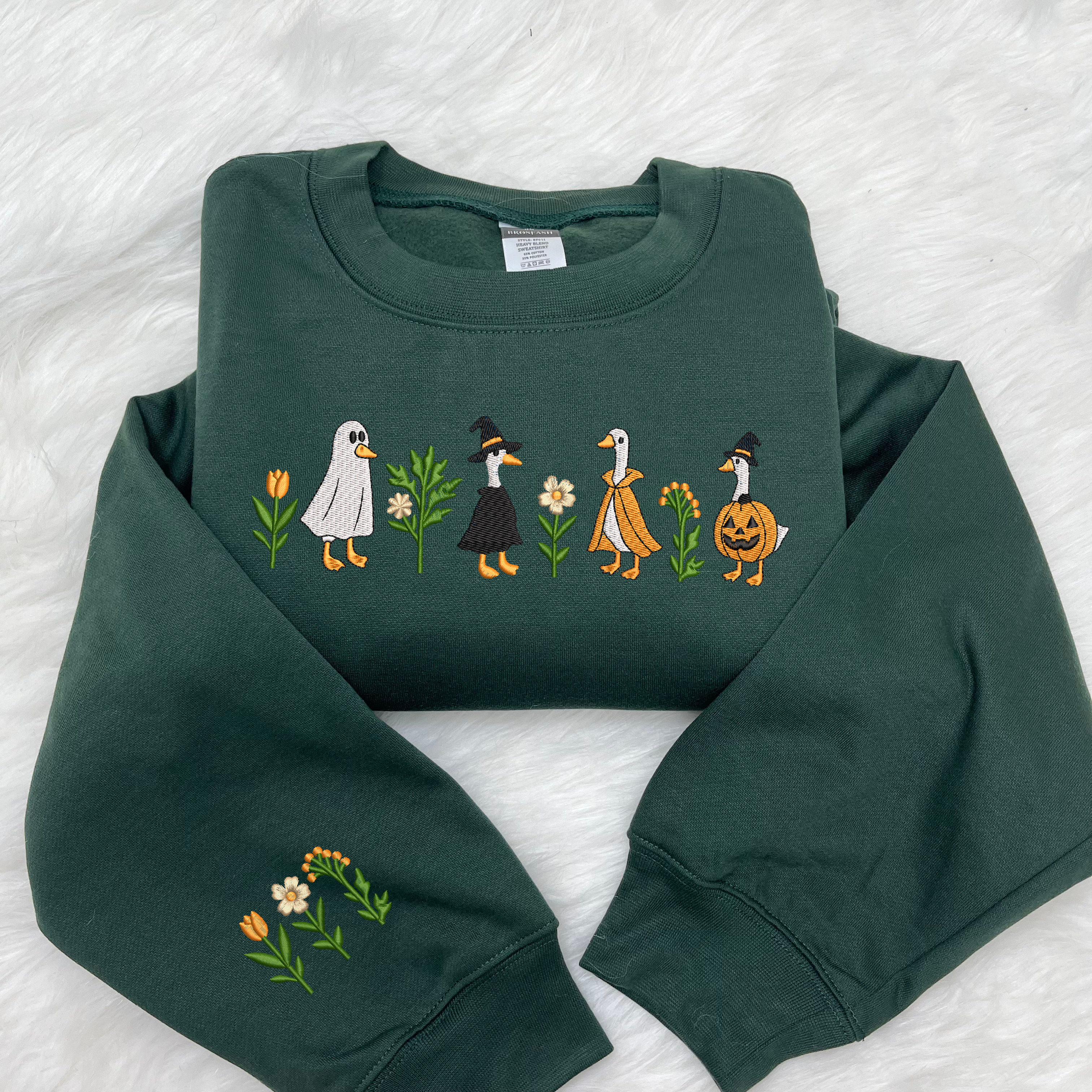 Cute Halloween Gooses Embroidered Sweatshirt, Cute Fall Pumpkin Witch Ghost Goose Crewneck Sweater, Autumn Animal Embroidered Shirt