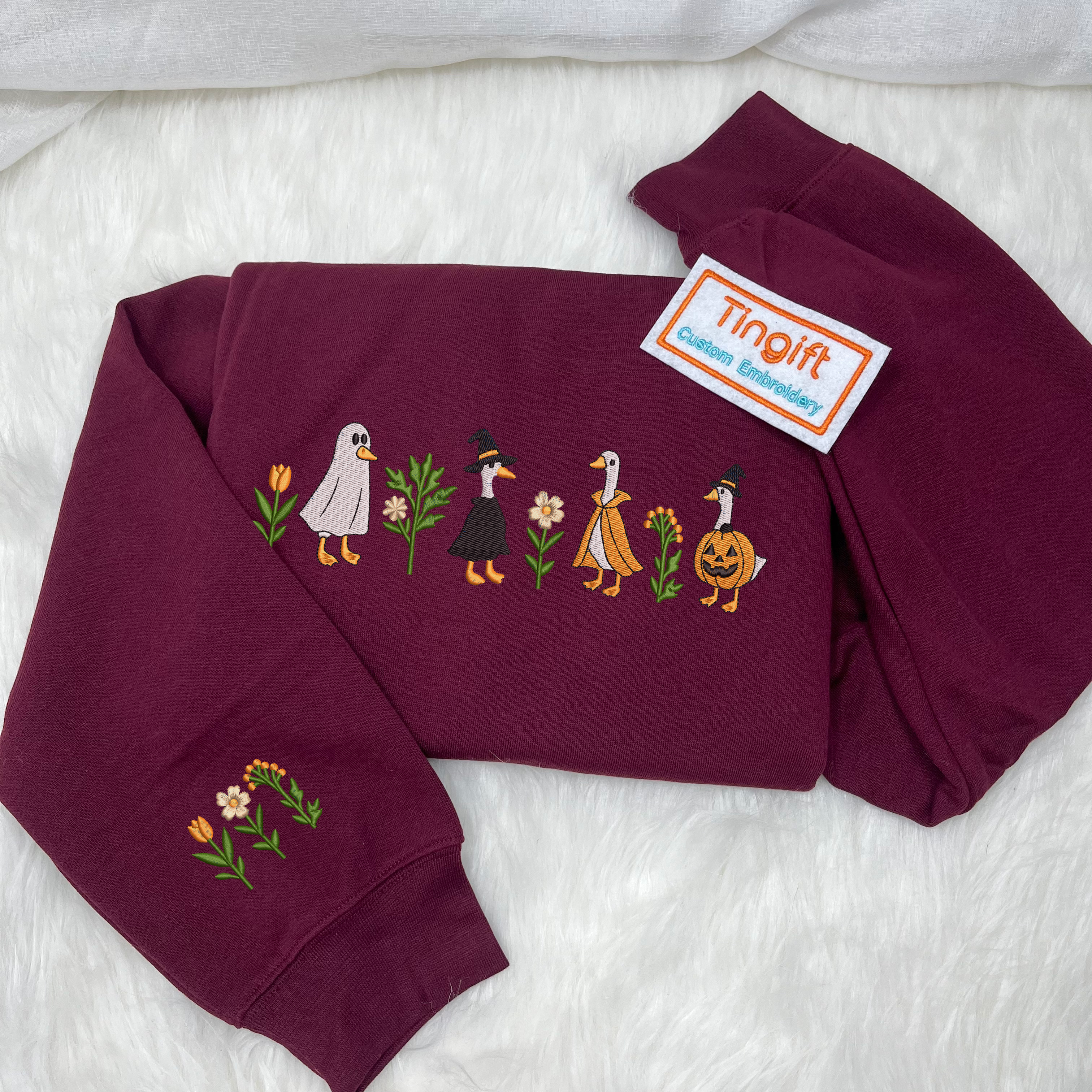 Cute Halloween Gooses Embroidered Sweatshirt, Cute Fall Pumpkin Witch Ghost Goose Crewneck Sweater, Autumn Animal Embroidered Shirt