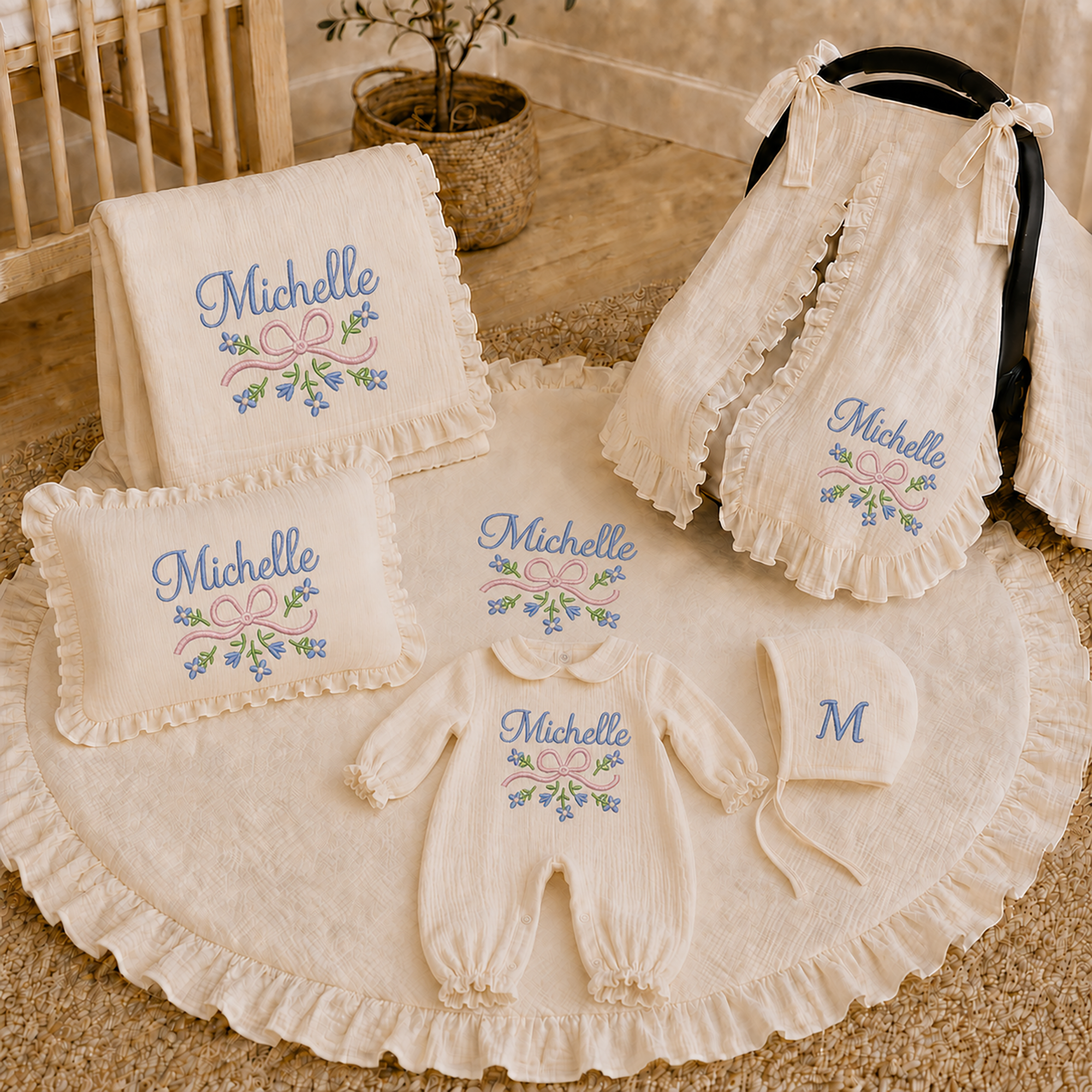 Personalized Baby Gift Set | Custom Muslin Romper, Blanket, Pillow & Stroller Cover