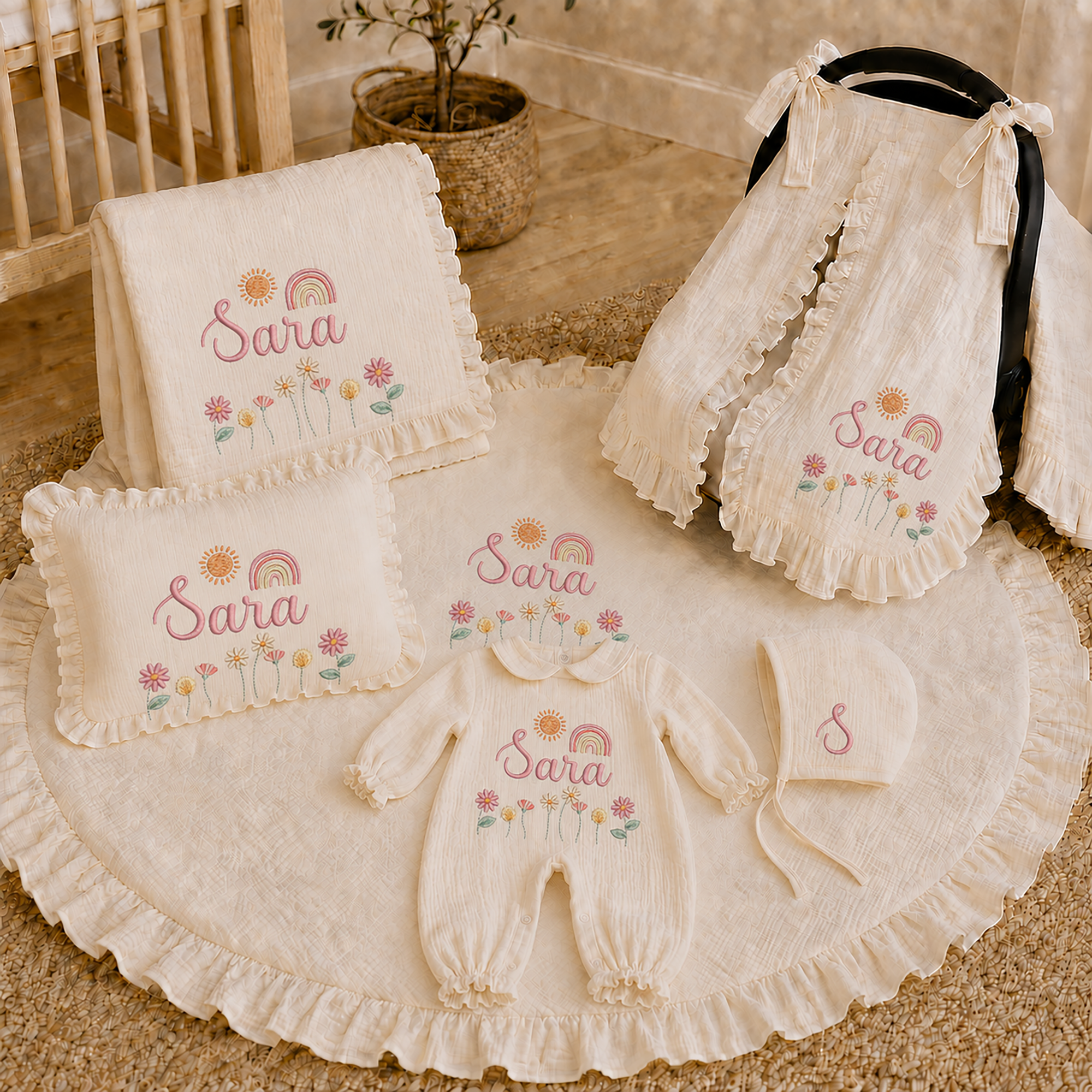Personalized Baby Bundle | Muslin Romper, Blanket, Pillow & Stroller Cover