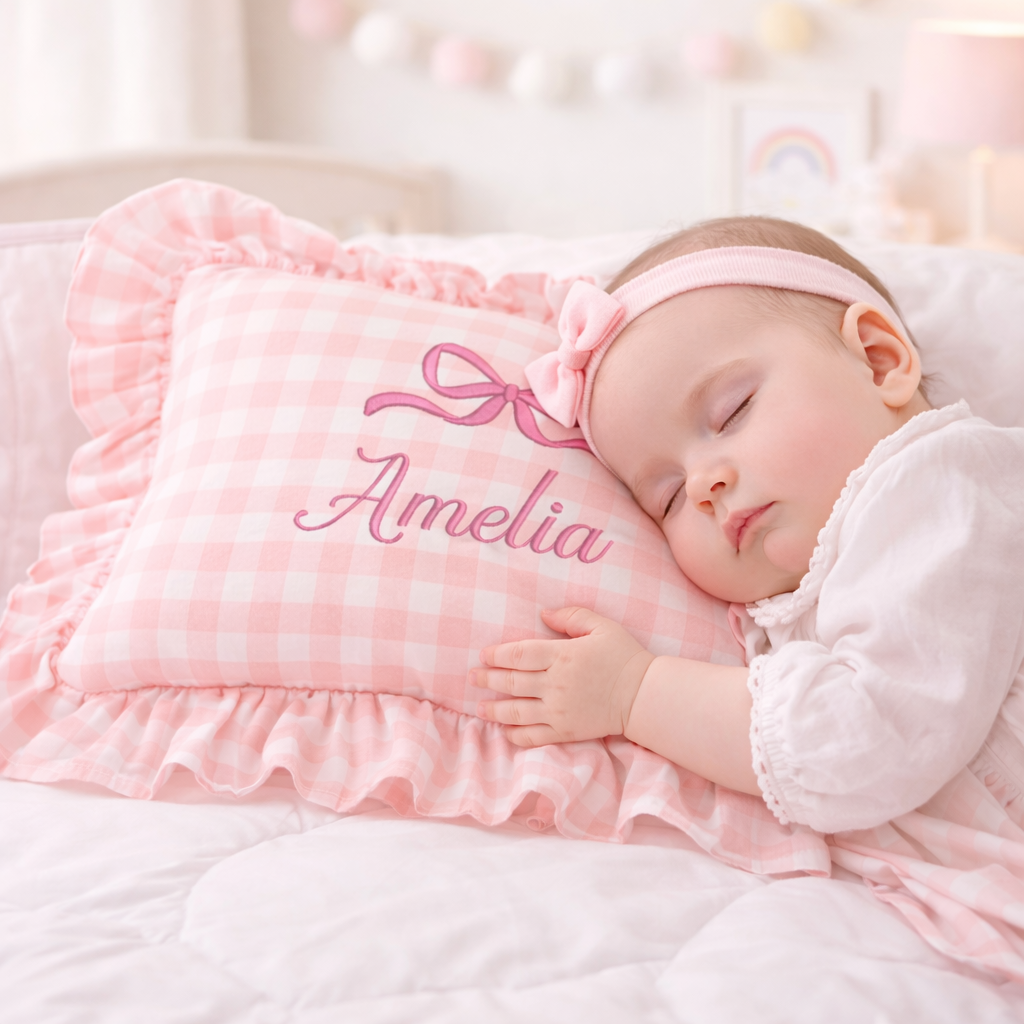 Personalized Baby Name Pillow – Pink Gingham Ruffle Embroidered Nursery Pillow