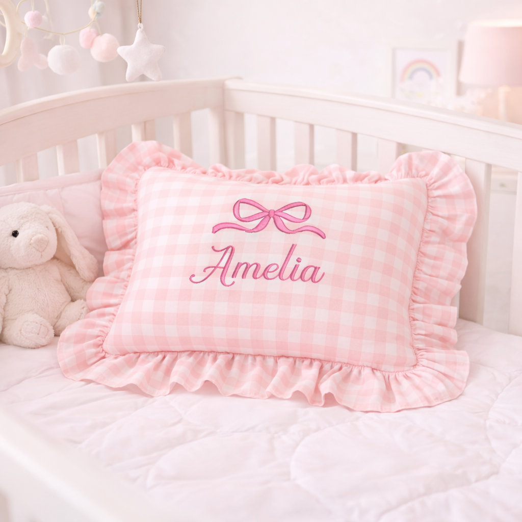 Personalized Baby Name Pillow – Pink Gingham Ruffle Embroidered Nursery Pillow