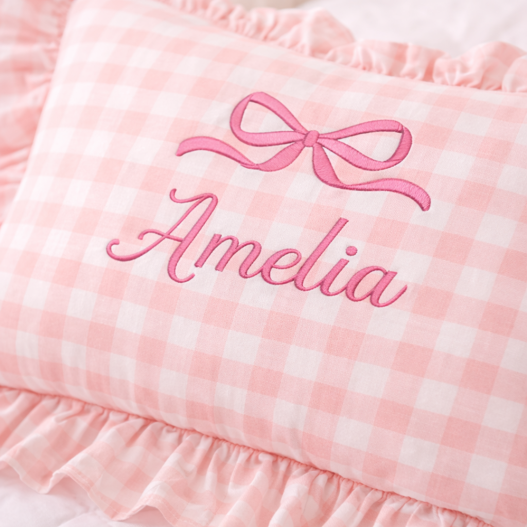 Personalized Baby Name Pillow – Pink Gingham Ruffle Embroidered Nursery Pillow