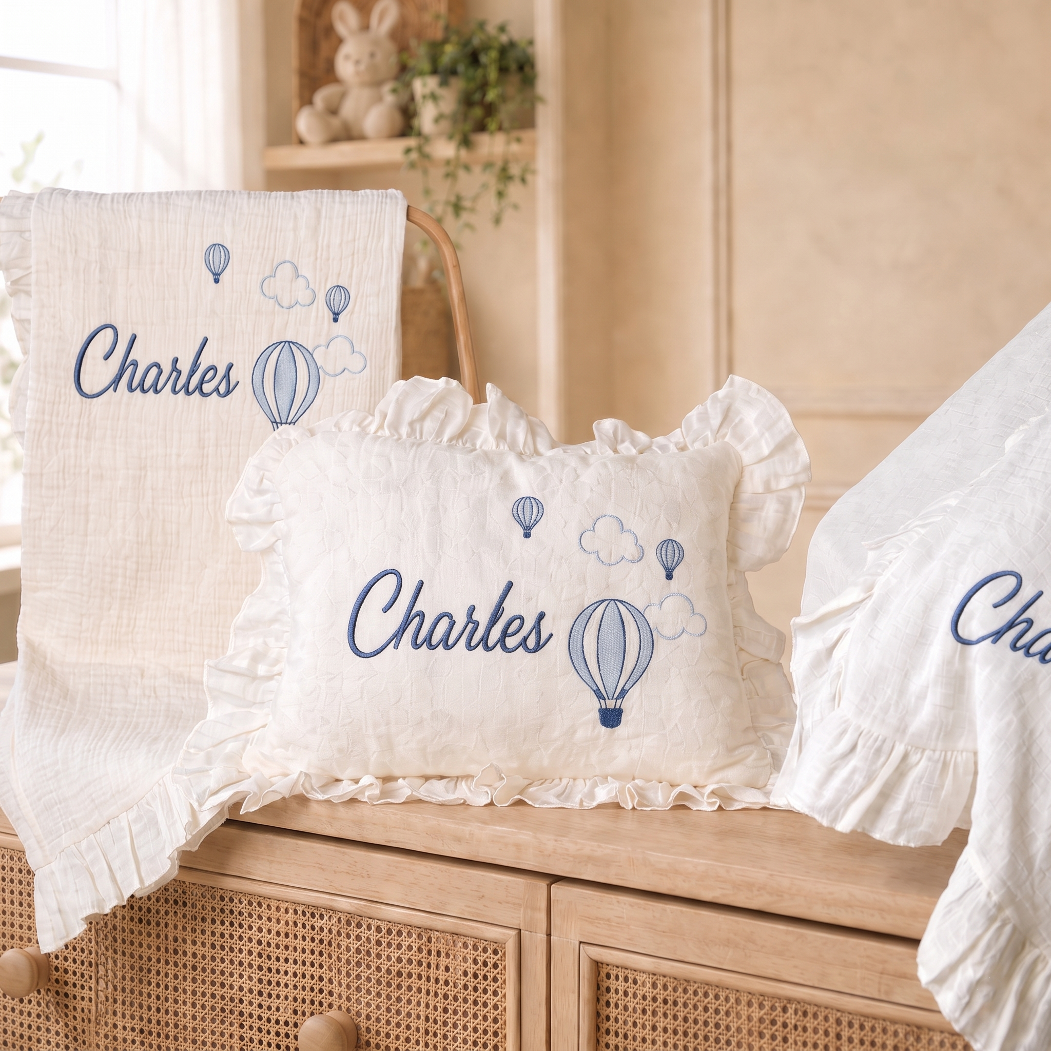 Embroidered 4 Pieces Gift Set, Personalized Muslin Romper Blanket Pillow Stroller Cover Natural Cream