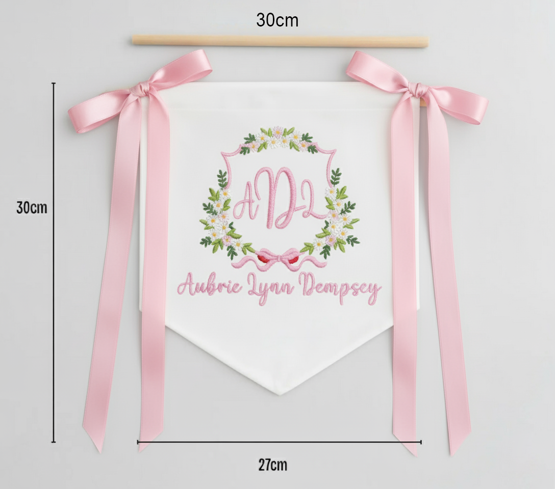 Personalized Baby Name Sign for Hospital Bassinet, Embroidered Newborn Nursery Banner with Birth Stats Tag, Baby Shower Gift