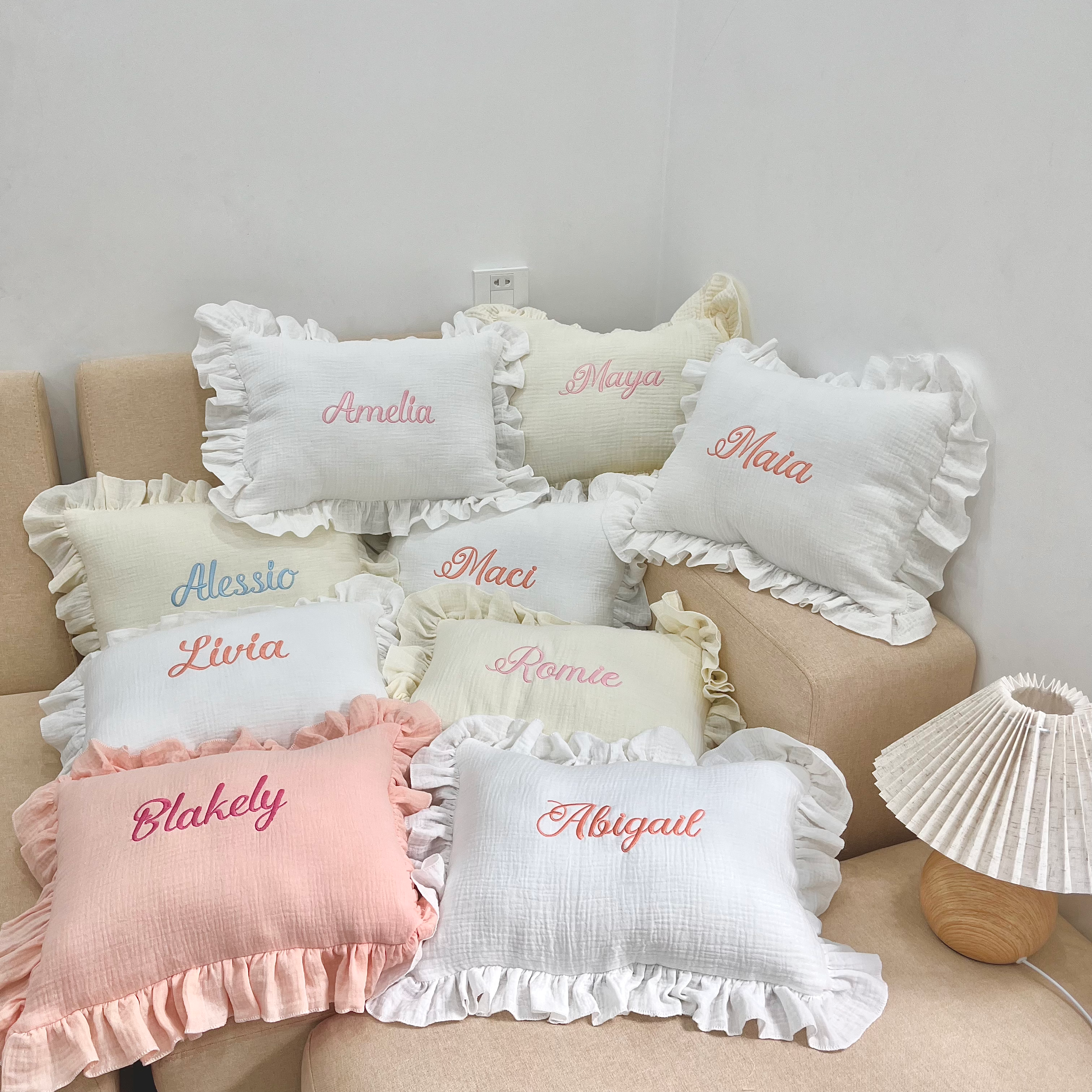 Personalized Muslin Baby Pillow, Custom Embroidered Baby Name Pillow, Soft Cotton Nursery Pillow