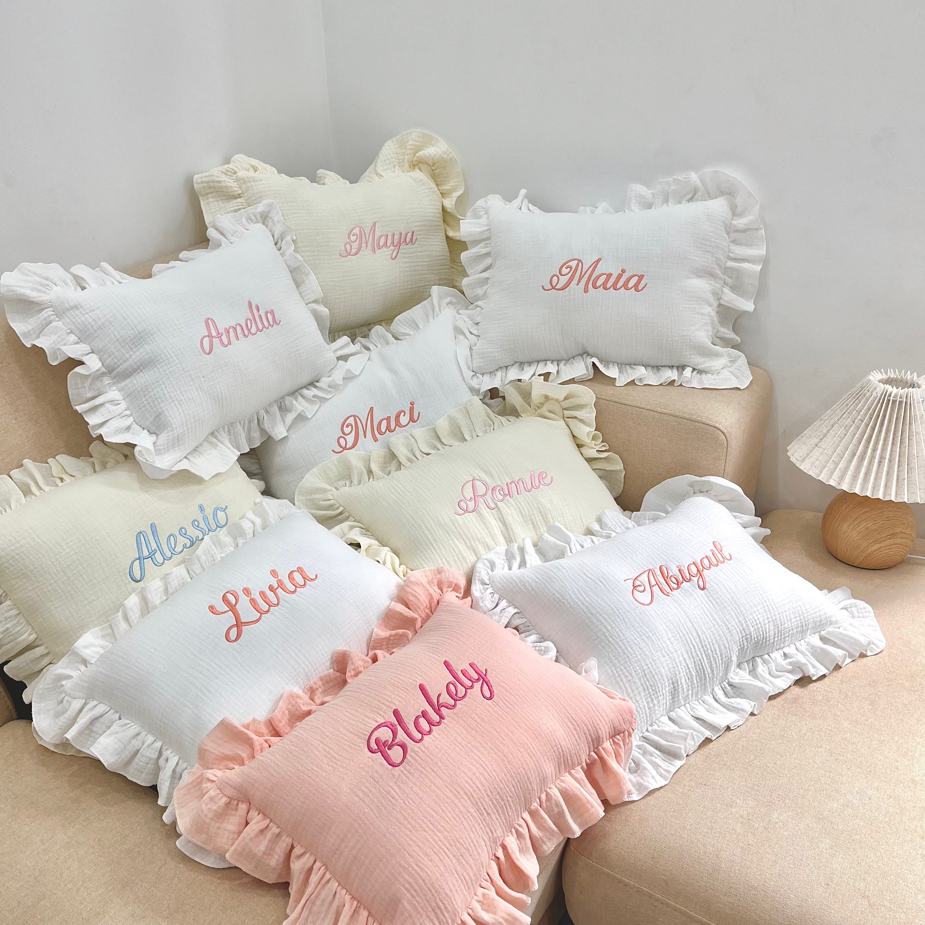 Personalized Muslin Baby Pillow, Custom Embroidered Baby Name Pillow, Soft Cotton Nursery Pillow