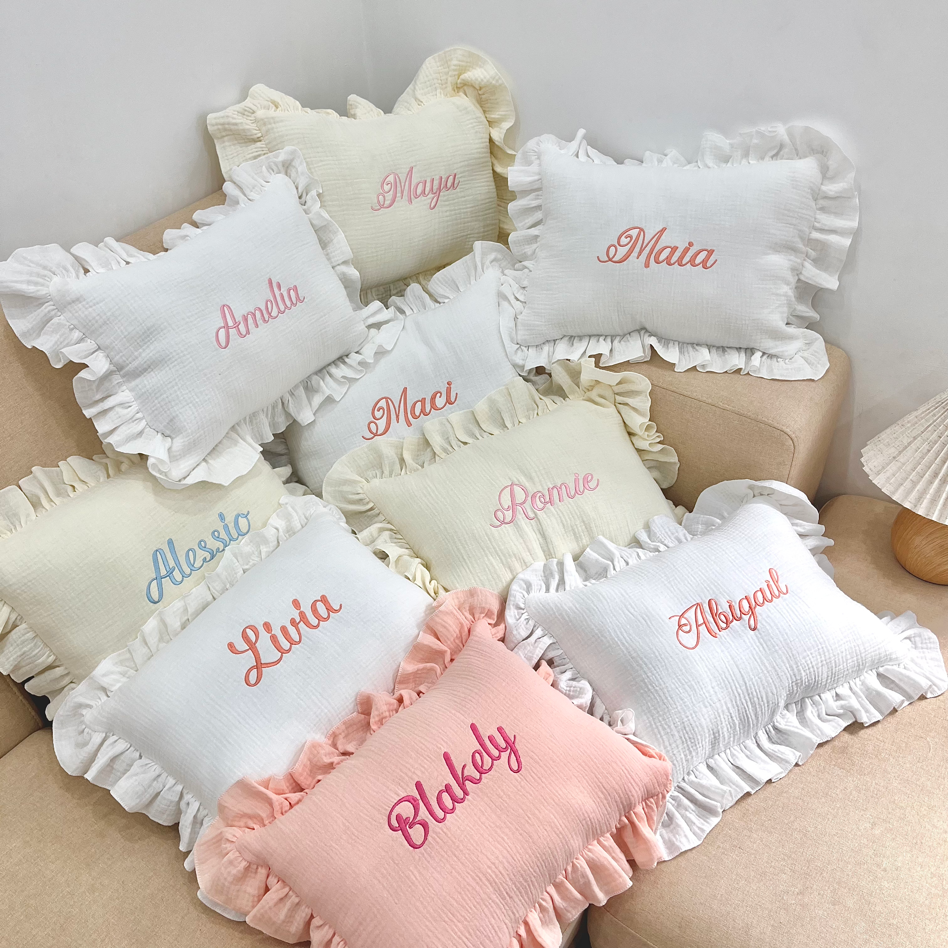Personalized Muslin Baby Pillow, Custom Embroidered Baby Name Pillow, Soft Cotton Nursery Pillow