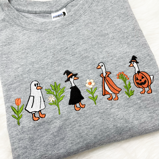 Cute Halloween Gooses Embroidered Sweatshirt, Cute Fall Pumpkin Witch Ghost Goose Crewneck Sweater, Autumn Animal Embroidered Shirt