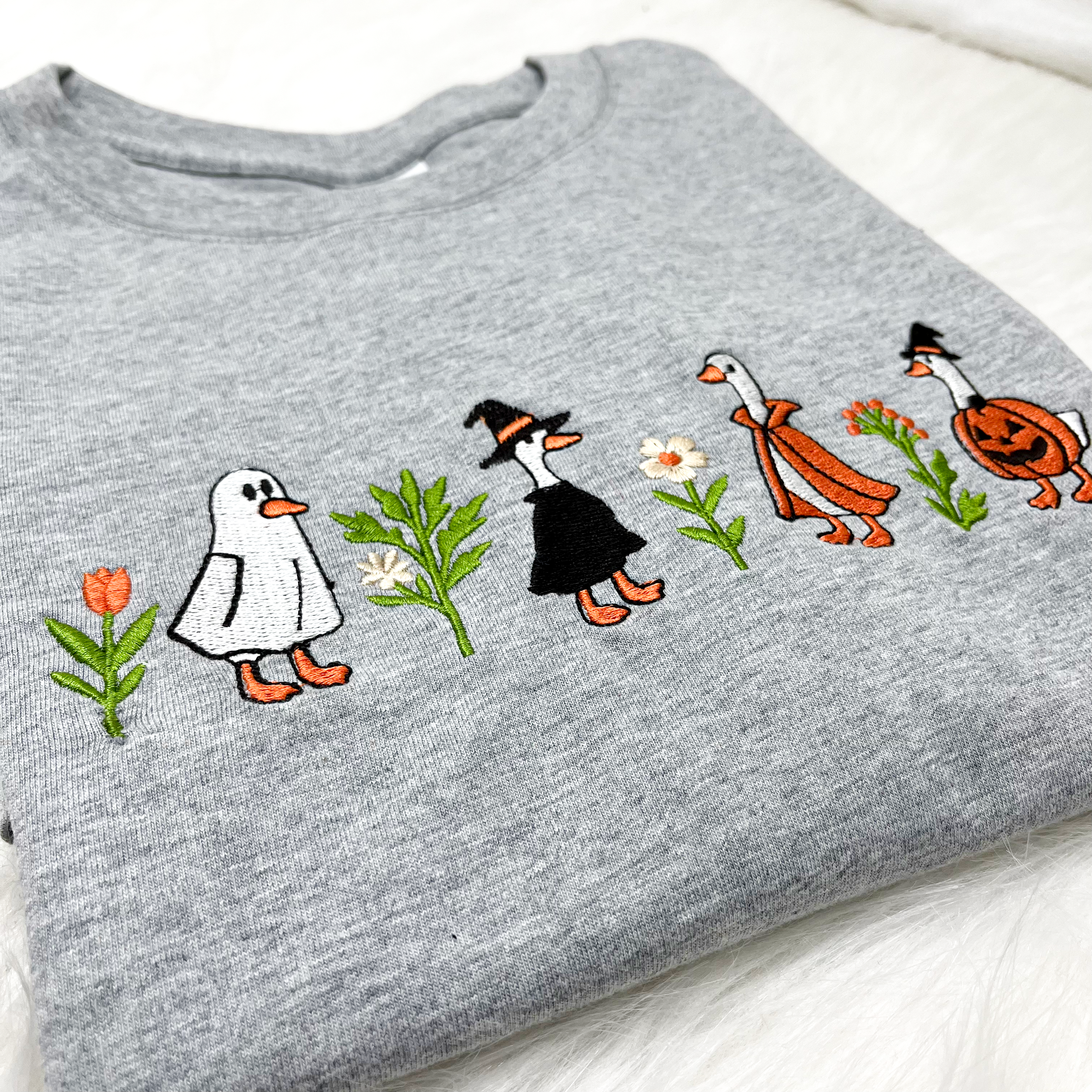 Cute Halloween Gooses Embroidered Sweatshirt, Cute Fall Pumpkin Witch Ghost Goose Crewneck Sweater, Autumn Animal Embroidered Shirt