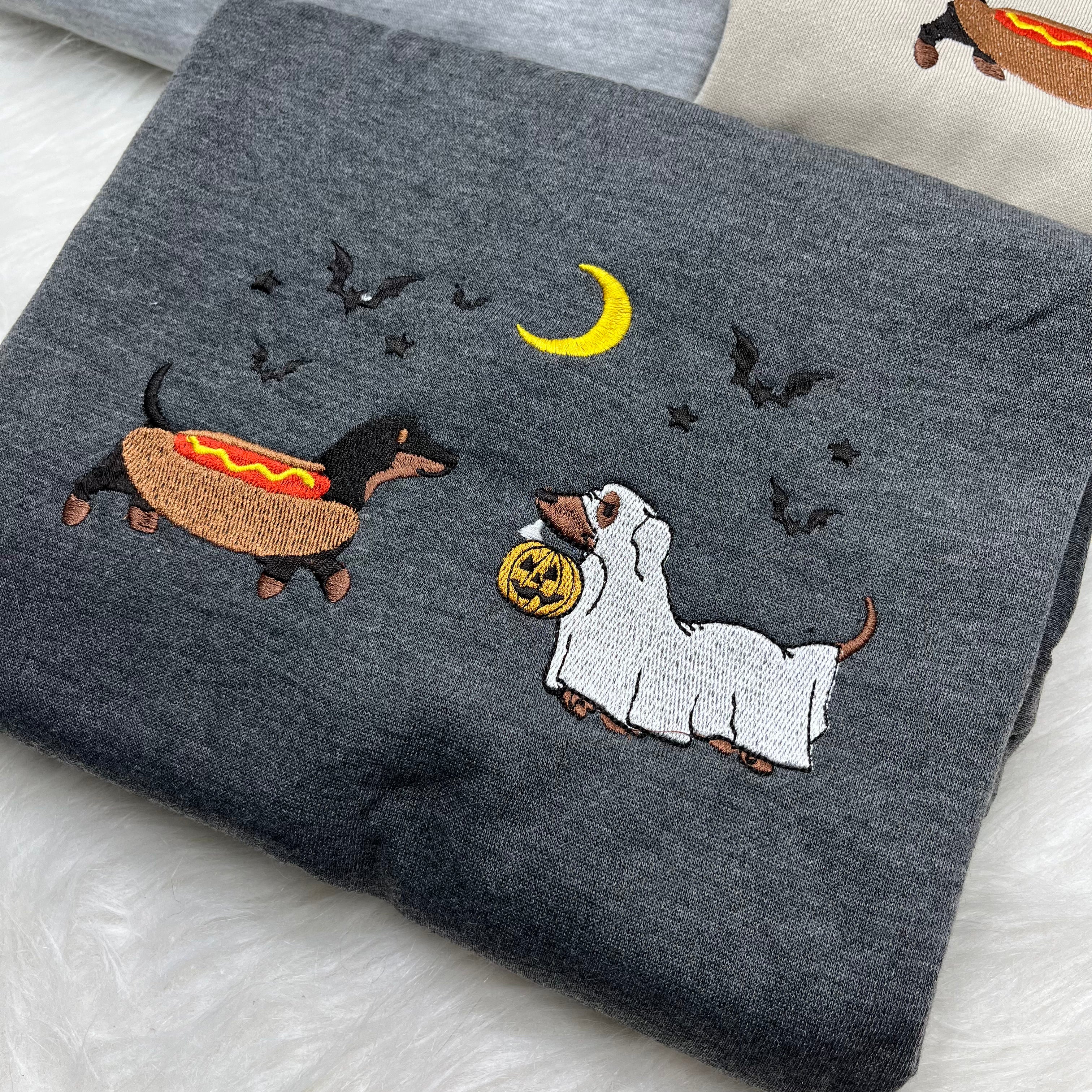 Dachshund Halloween Embroidered Crewneck Sweatshirt, Halloween Pet Shirt, Gift for Dog Lovers