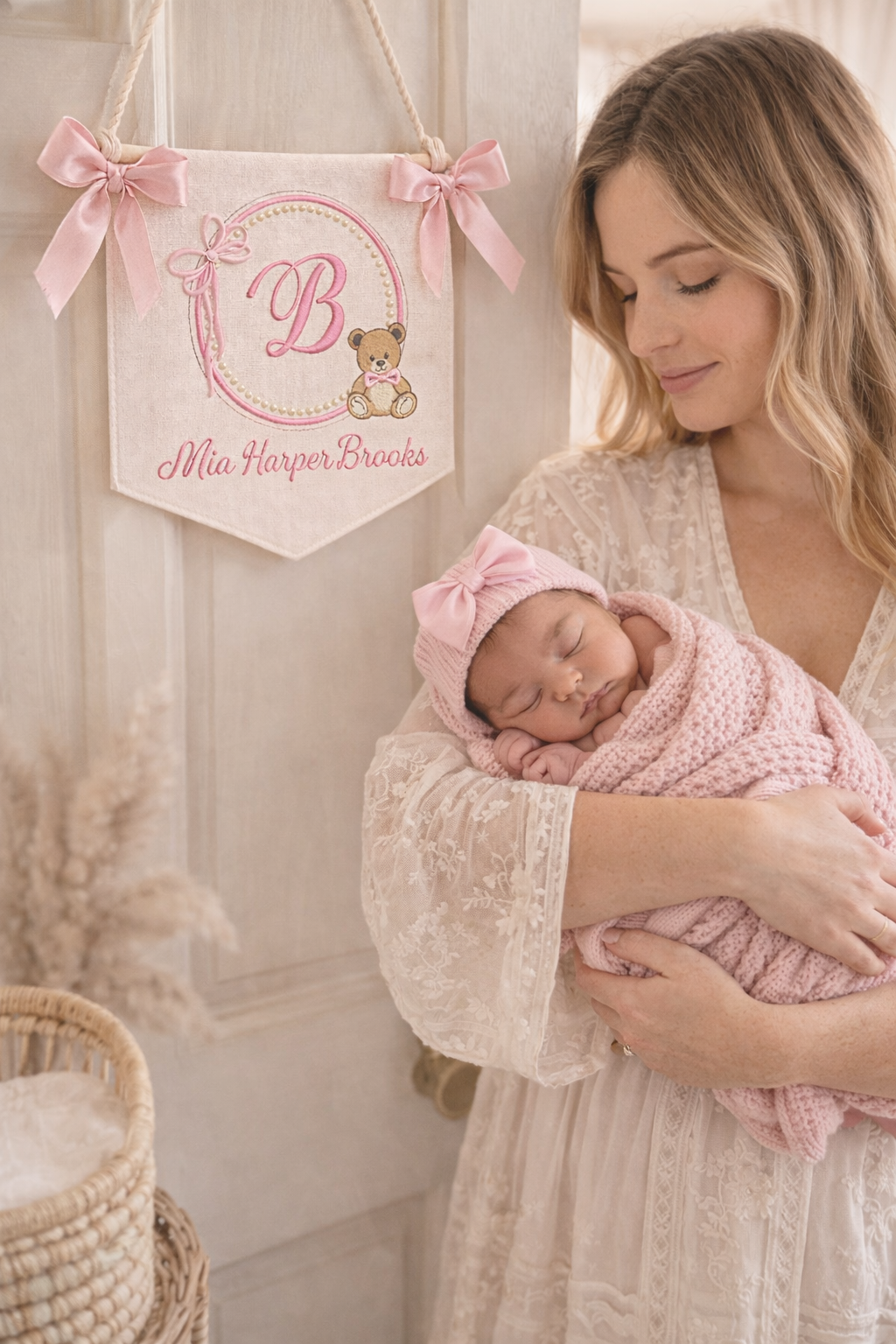 Personalized Baby Name Sign for Hospital Bassinet, Embroidered Newborn Nursery Banner with Birth Stats Tag, Baby Shower Gift
