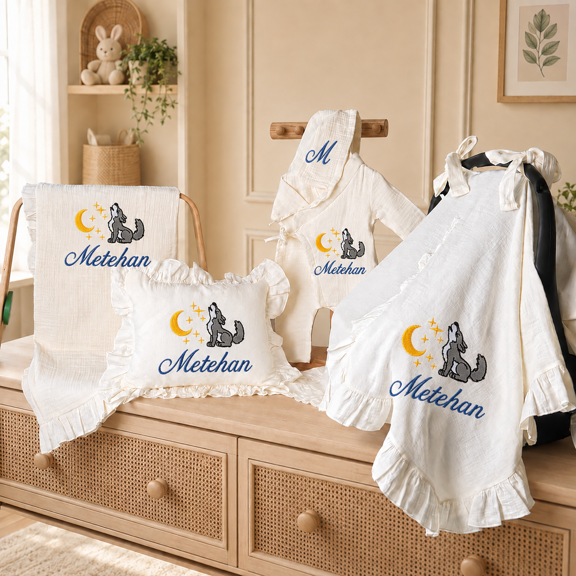Personalized Baby 4 Pieces  Gift Set, Muslin Romper  Blanket Pillow Stroller Cover Natural Cream