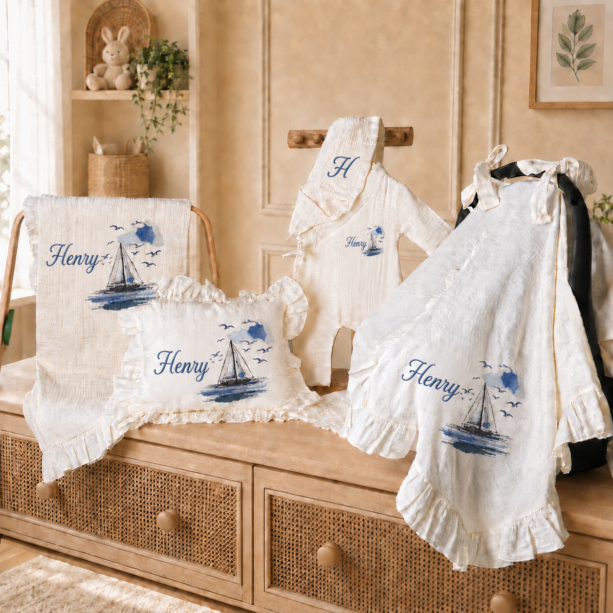 Embroidered 4 Pieces Gift Set, Personalized Muslin Romper Blanket Pillow Stroller Cover Natural Cream