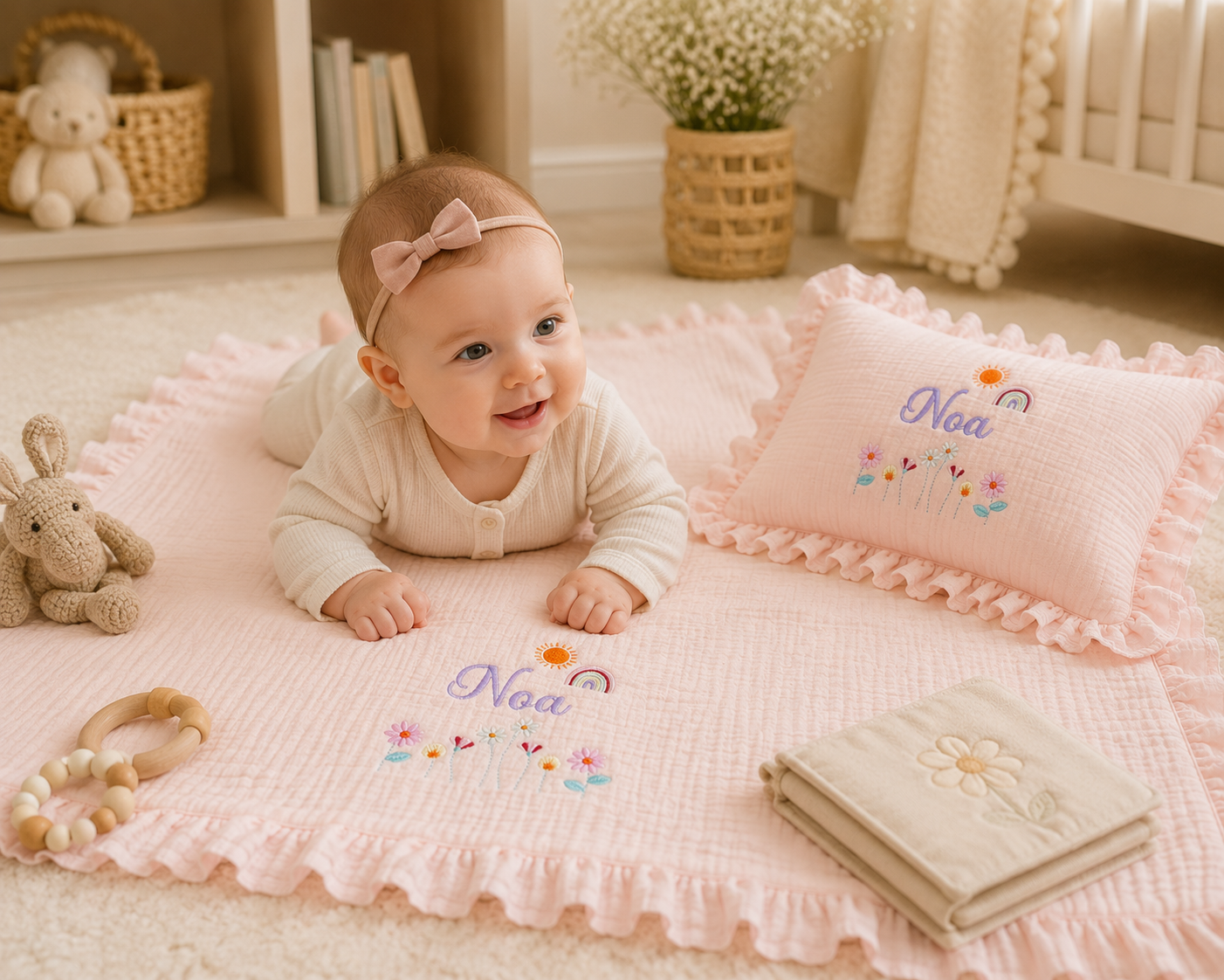 Personalized Baby Muslin Blanket & Ruffle Pillow Set – Embroidered Baby Name Blanket, Custom Newborn Gift, Soft Cotton Muslin Nursery Bedding