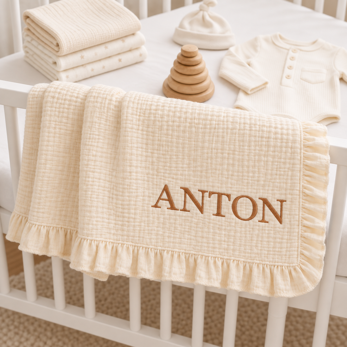 Custom Embroidered Baby Blanket with Name and Wildflowers, Ruffle Muslin Blanket, Baby Shower Gift, Newborn Essentials, Toddler Bedding