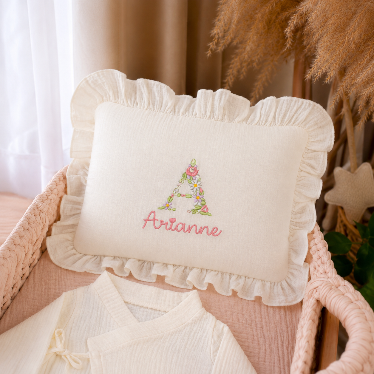 Personalized Muslin Baby Blanket & Ruffle Pillow Set | Custom Embroidered Baby Name Blanket | Newborn Baby Girl Gift | Cotton Nursery Bedding #N1