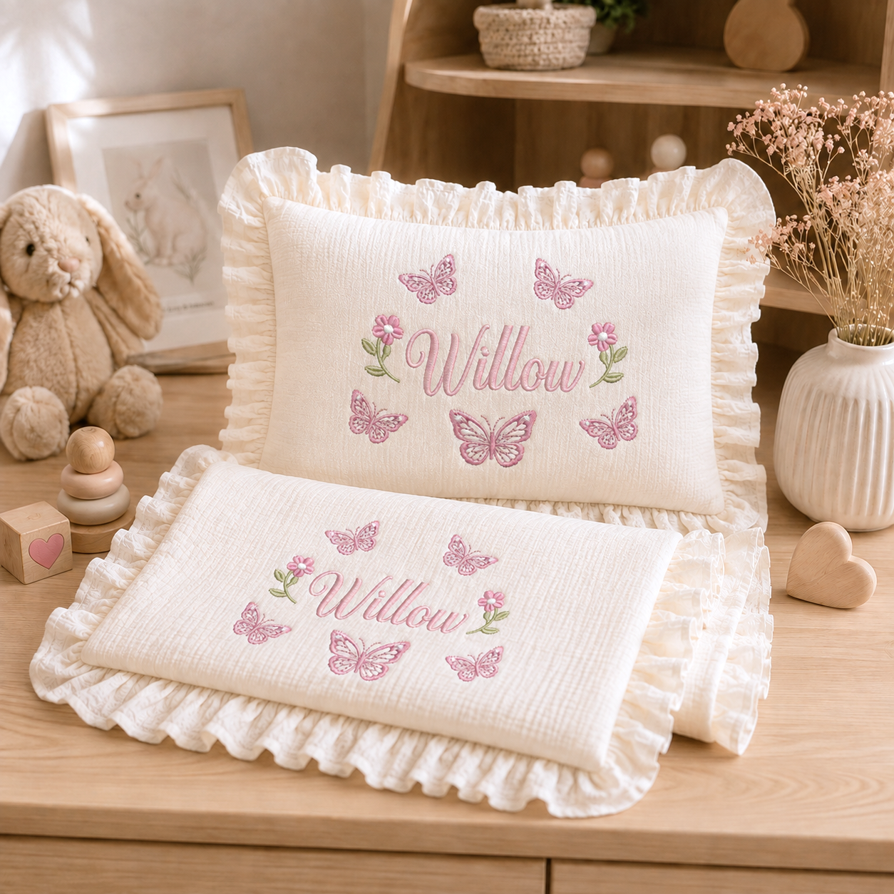 Custom Embroidered Muslin Baby Blanket & Ruffle Pillow | Personalized Baby Name Blanket | Luxury Newborn Gift Set #N1
