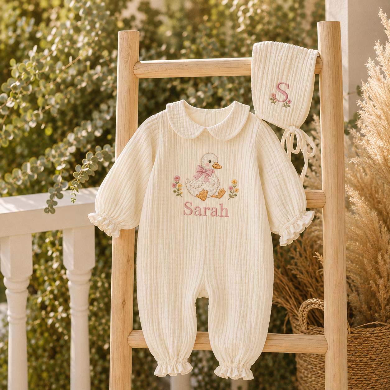 Muslin Romper & Bonnet with Custom  Name Embroidery · Boho Floral · Newborn Coming Home Outfit · Baby  Shower Gift