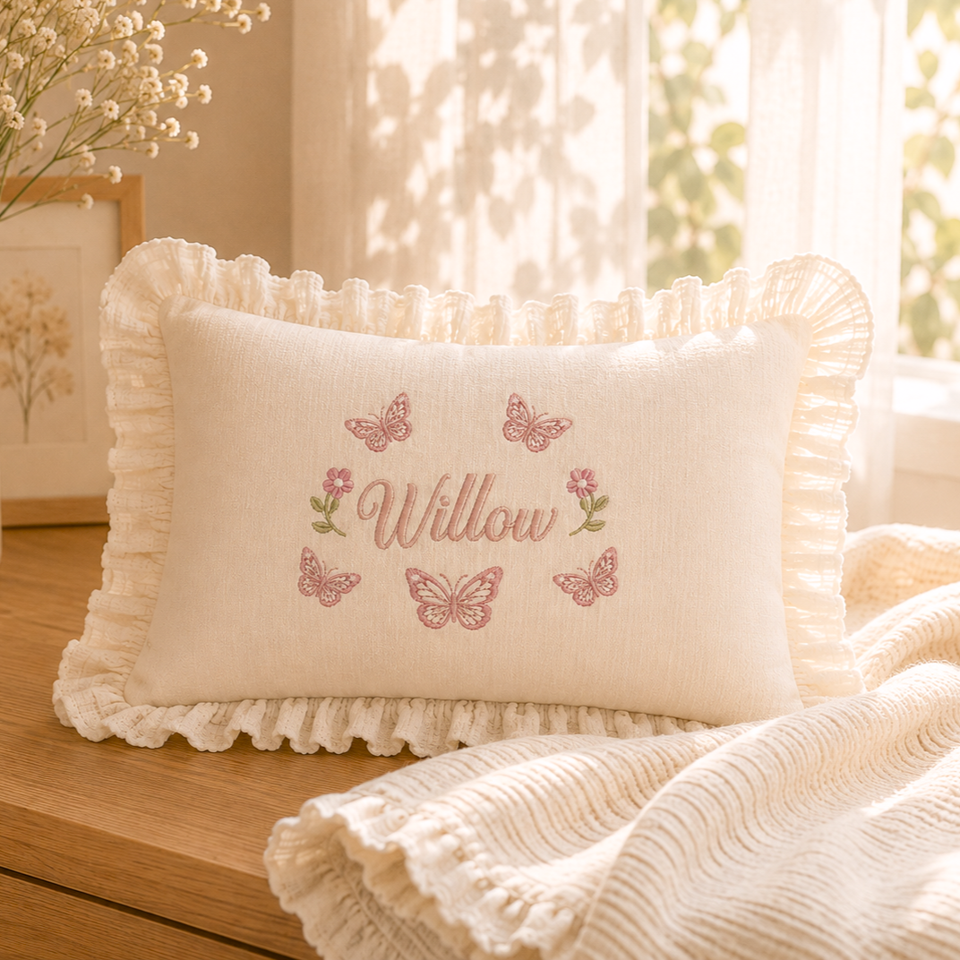 Custom Embroidered Muslin Baby Blanket & Ruffle Pillow | Personalized Baby Name Blanket | Luxury Newborn Gift Set #N1