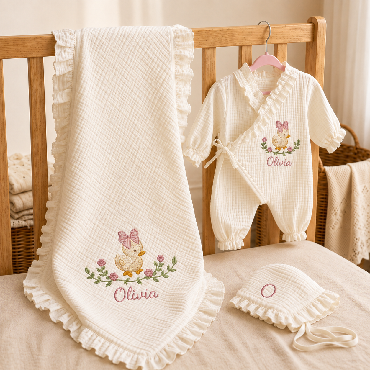 Personalized Baby Girl Muslin Gift Set – Embroidered Blanket, Kimono Romper & Bonnet