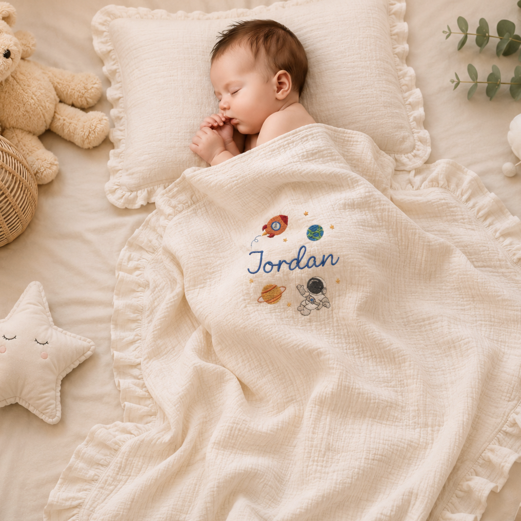 Personalized Baby Name Muslin Blanket & Ruffle Pillow Set | Custom Embroidered Cotton Baby Blanket | Newborn Gift #N1