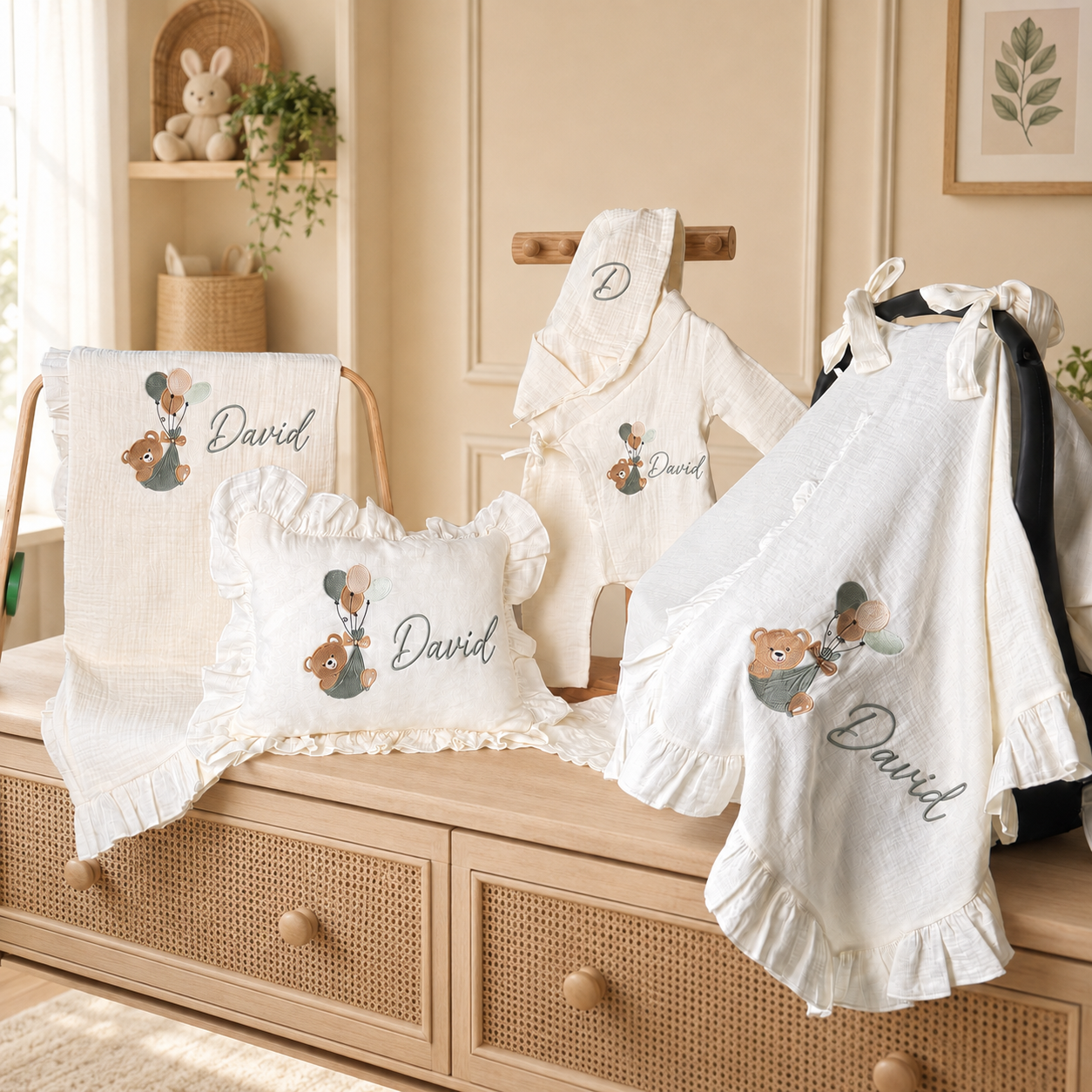 Personalized Embroidered Baby Gift Set – 4-Piece Muslin Newborn Set